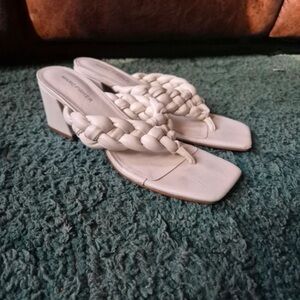 Marc Fisher Braided Ivory Leather Block Heel Thong Mules